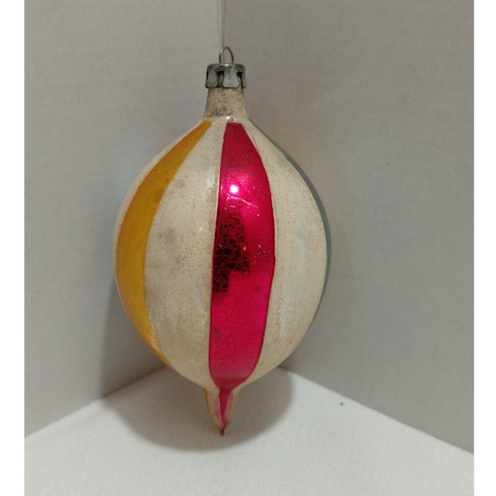 Vintage Glass Christmas Ornament 4" Tear Drop Hand Painted, Mica, Made in Poland